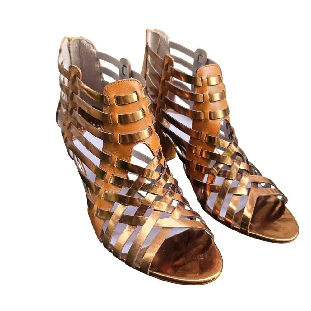 Johnston & Murphy Leather Evie Natural Gold Zip Bootie Leather Heels - Picture 1 of 11